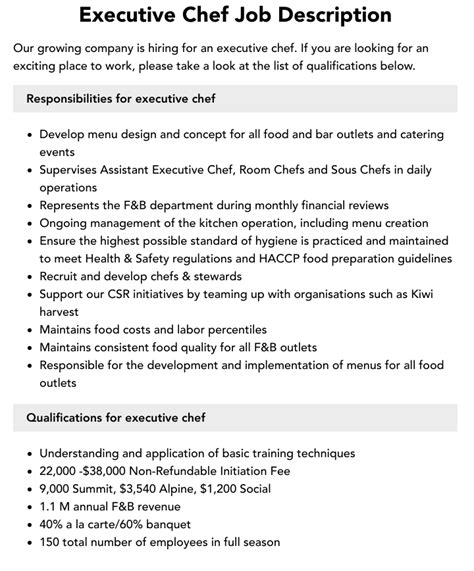 Executive Chef Job Description And Responsibilities.
